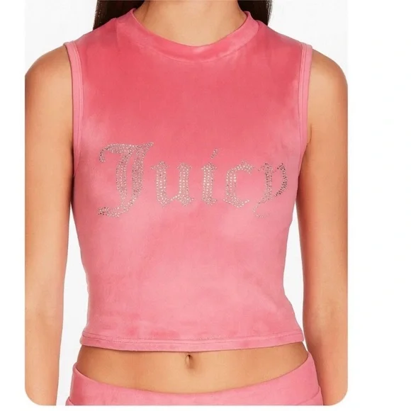 Juicy Couture Pink Velour Sleeveless High Neck Rhinestone Lounge Top - Picture 5 of 5
